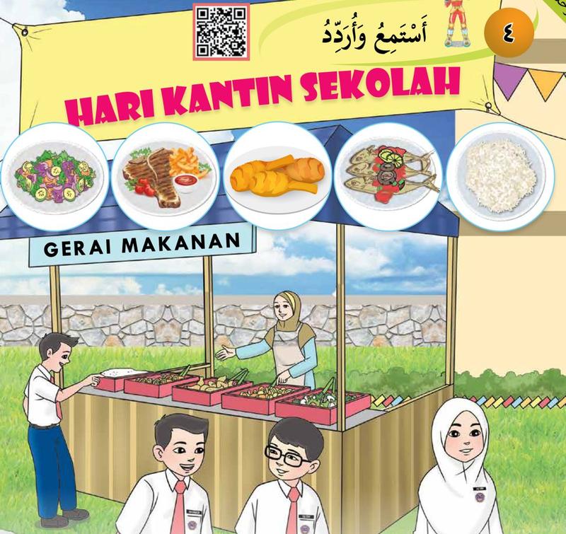 Hari Kantin Sekolah: seorang penjual di gerai makanan dan tiga murid, dengan gambar salad, stik, ayam goreng, ikan dan nasi