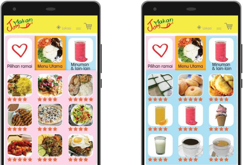 Dua skrin telefon bimbit menunjukkan menu makanan dan minuman dalam aplikasi Jom Makan, dengan gambar nasi, kuih, jus, kopi dan teh
