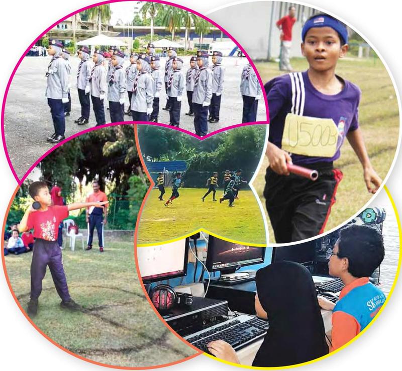 Gambar murid dalam beberapa aktiviti sekolah: perbarisan pasukan beruniform, berlari relay, melontar peluru, bermain bola dan menggunakan komputer