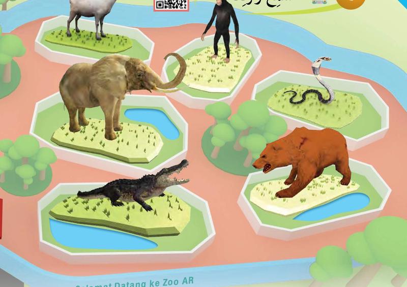 Gambar zoo: kambing, monyet, gajah, ular, beruang dan buaya di dalam kawasan masing-masing