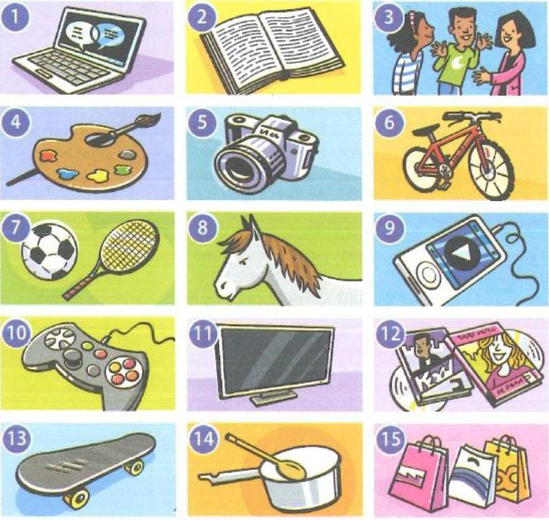 Fifteen small pictures of free-time activities: chatting online, reading, meeting friends, art, photography, cycling, sport, animals, music, video games, watching TV, films, skateboarding, cooking and shopping