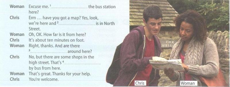 Chris and a woman look at a map; part of their dialogue about the bus station is beside the photo