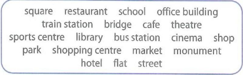 Word box: square, restaurant, school, office building, train station, bridge, cafe, theatre, sports centre, library, bus station, cinema, shop, park, shopping centre, market, monument, hotel, flat, street