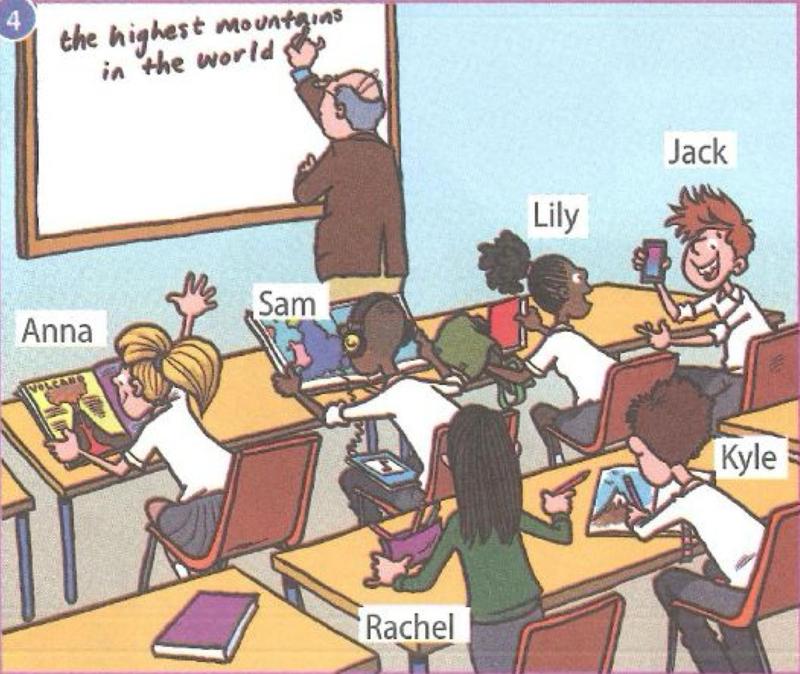 A classroom: the teacher writes on the board, Anna reads a magazine and raises her hand, Sam wears headphones, Jack holds a phone