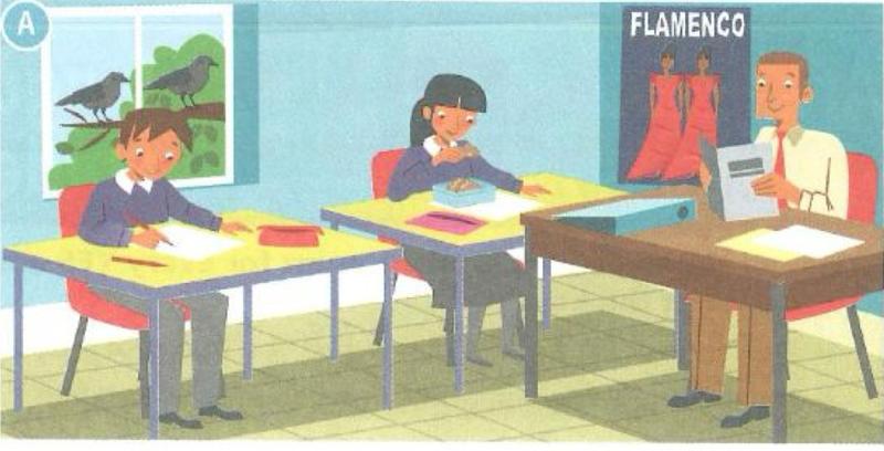 Picture A: a boy writes at a desk, a girl opens a box, two birds sit on a branch and the teacher reads a paper