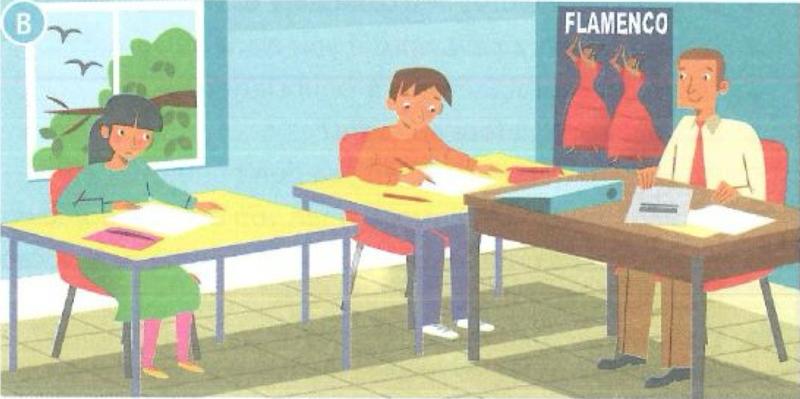 Picture B: a girl in green sits at her desk and a boy in orange writes at his, two birds fly outside and the teacher looks at the class