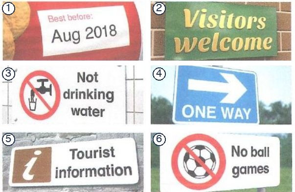 Six signs numbered 1 to 6: Best before, Visitors welcome, Not drinking water, One way, Tourist information, No ball games
