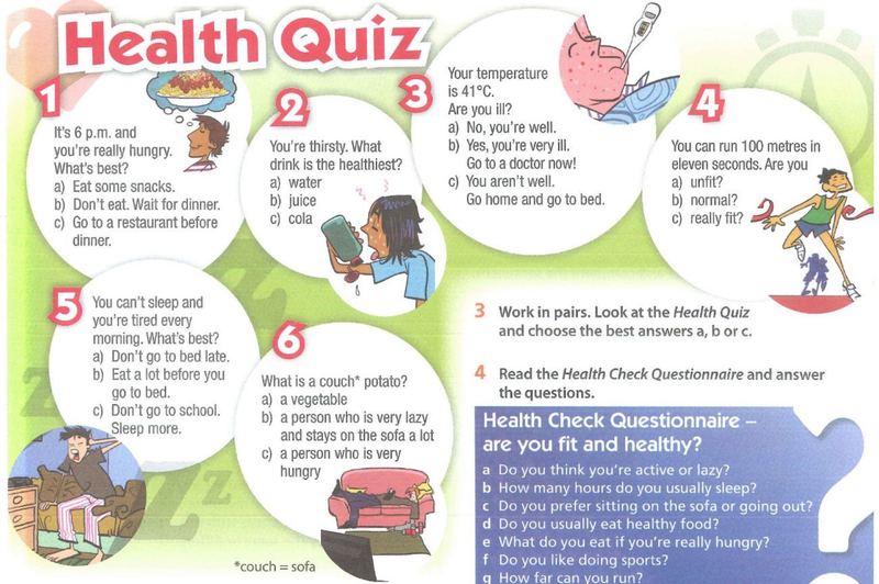The Health Quiz: six questions about snacks, drinks, being ill, running, sleeping and couch potatoes, with drawings