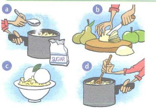 Four drawings: adding sugar to a pan, chopping fruit, serving fruit with ice cream, cooking in a pan