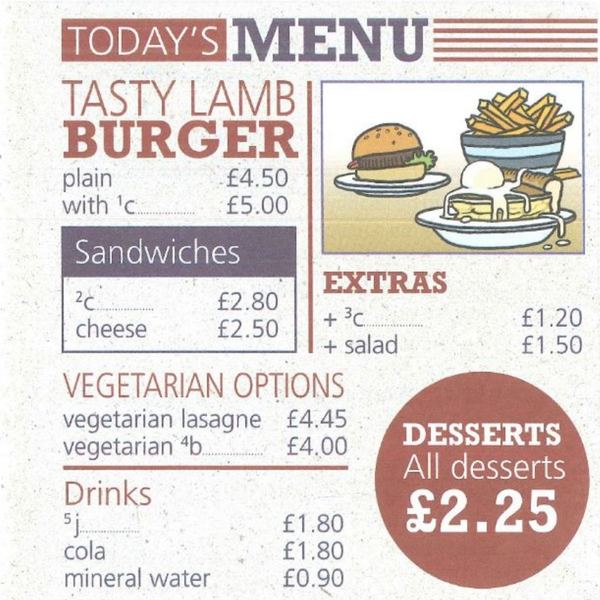 Today's menu with lamb burger, sandwiches, extras, vegetarian options, drinks and desserts, with prices