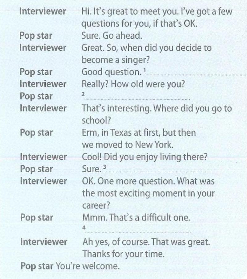 Dialogue between an interviewer and a pop star, with four gaps numbered 1 to 4 for the star's answers