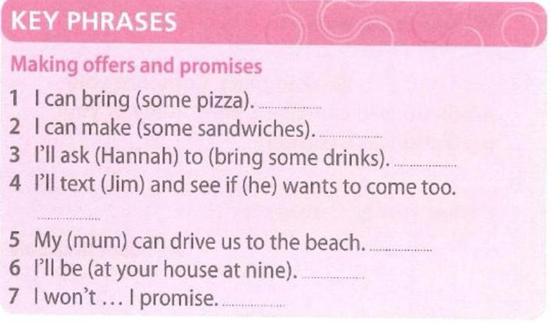 Key phrases box for making offers and promises: I can bring some pizza; I can make some sandwiches; I'll ask Hannah to bring some drinks; I'll text Jim and see if he wants to come too; My mum can drive us to the beach; I'll be at your house at nine; I won't, I promise