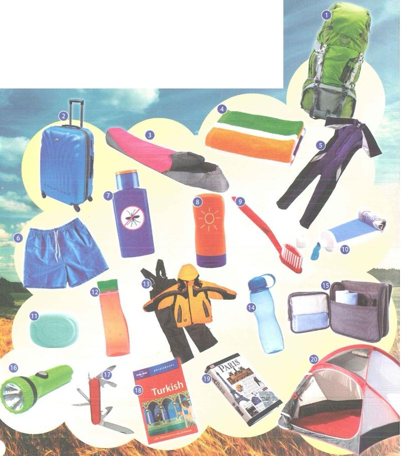 Twenty numbered photos of things for a holiday, including photo 7 a bottle with a mosquito sign, photo 13 a yellow rain jacket and trousers, photo 16 a green torch and photo 20 a tent