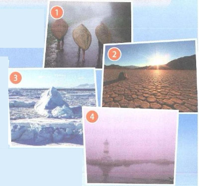 Photos of extreme weather: people sheltering from heavy rain, a hot dry desert, an icy landscape and a foggy lighthouse