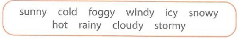 Word box: sunny, cold, foggy, windy, icy, snowy, hot, rainy, cloudy, stormy