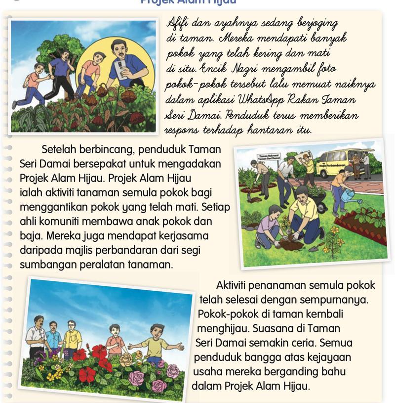 Tiga gambar penduduk Taman Seri Damai menanam semula pokok di taman, dengan teks Projek Alam Hijau