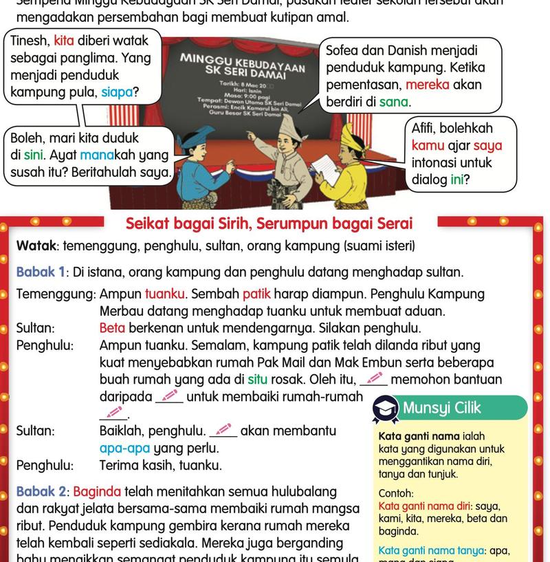 Murid berbincang tentang watak dan skrip drama Seikat bagai Sirih, Serumpun bagai Serai dengan kotak Munsyi Cilik