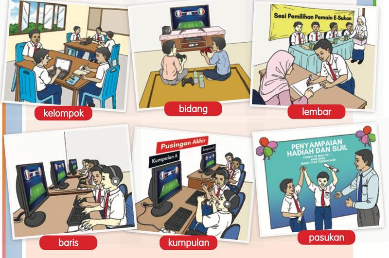 Enam gambar: kelompok murid, bidang, lembar borang, baris komputer, kumpulan pemain dan pasukan murid