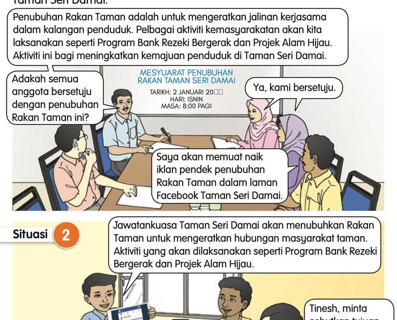 Dua situasi: mesyuarat penubuhan Rakan Taman dan murid membincangkan tujuan penubuhan itu