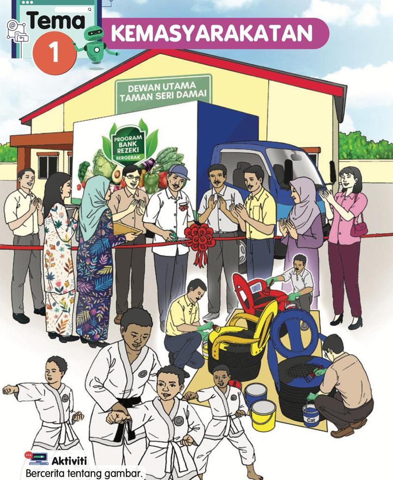 Penduduk Taman Seri Damai merasmikan Program Bank Rezeki Bergerak di hadapan dewan utama, dengan kanak-kanak berlatih seni mempertahankan diri di hadapan