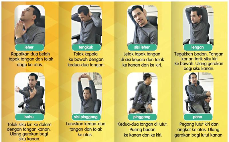 Lapan gerakan senaman ringan: leher, tengkuk, sisi leher, lengan, bahu, sisi pinggang, pinggang dan paha