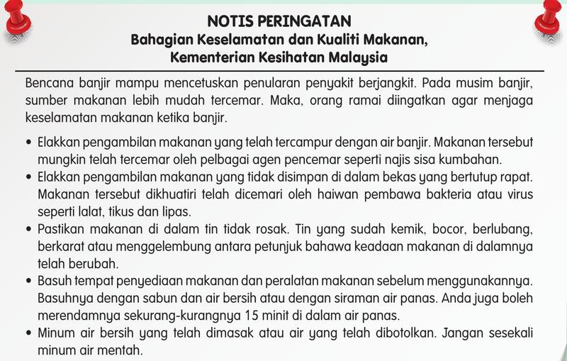 Notis peringatan Bahagian Keselamatan dan Kualiti Makanan, Kementerian Kesihatan Malaysia, tentang makanan ketika banjir