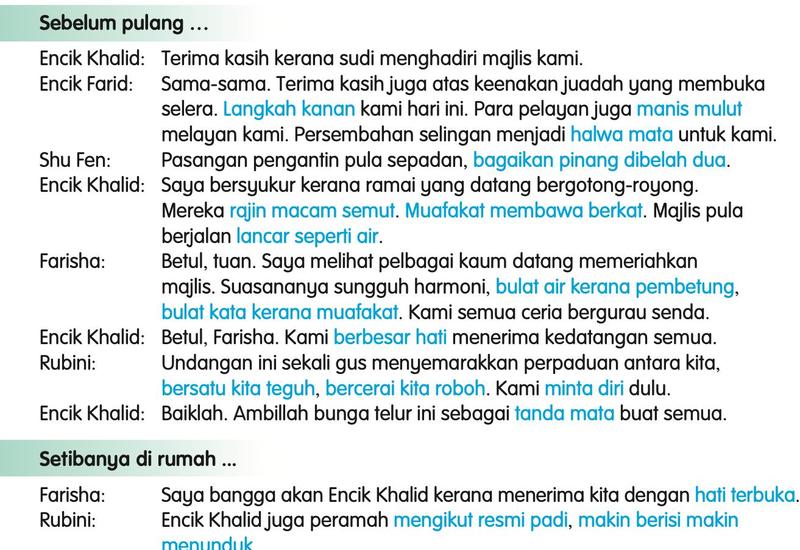 Dialog di majlis kenduri dengan peribahasa dan ungkapan santun ditulis dengan warna biru