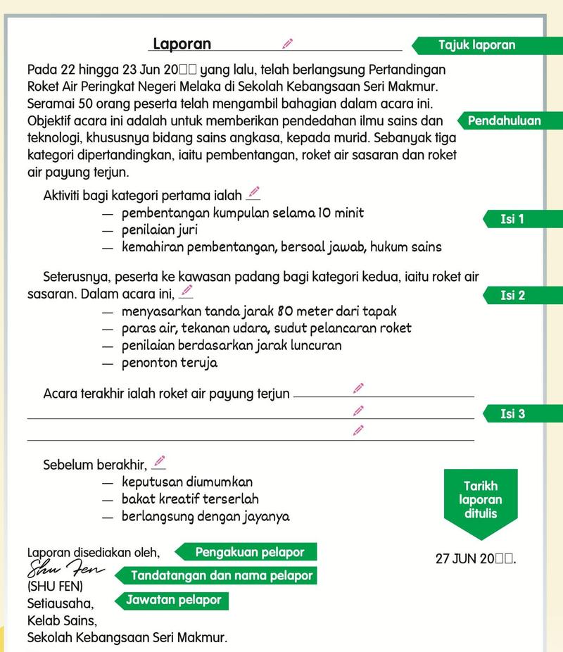 Contoh laporan Pertandingan Roket Air dengan bahagian tajuk, pendahuluan, isi 1, isi 2, isi 3 dan pengakuan pelapor