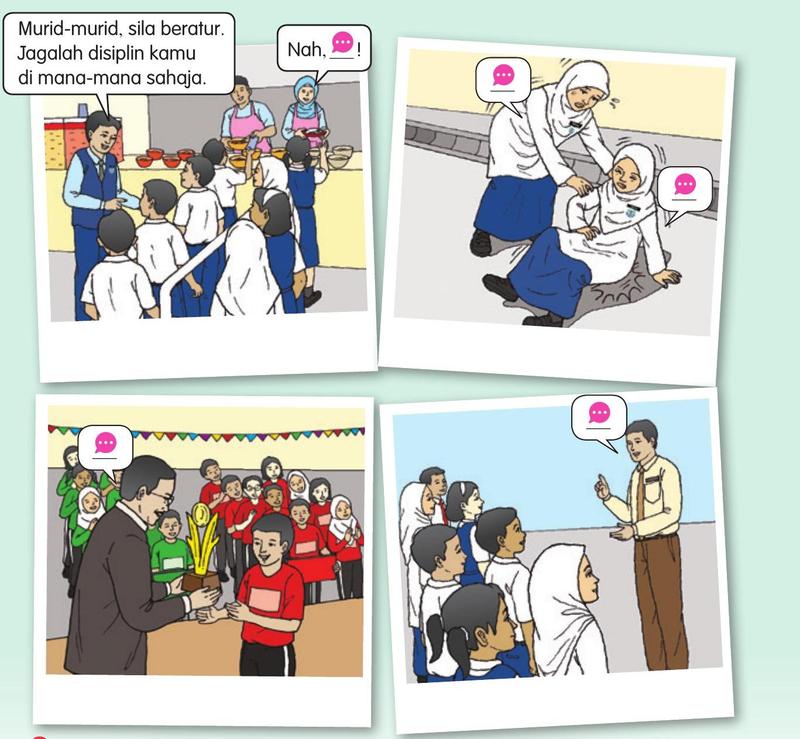 Empat gambar main peranan: guru menyuruh murid beratur, murid menolong seorang yang jatuh, seorang murid menerima piala, guru bercakap di hadapan murid