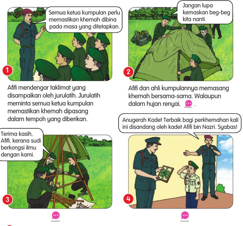 Jurulatih memberi taklimat kepada kadet, kadet memasang khemah, membina rangka khemah dan Afifi menerima anugerah
