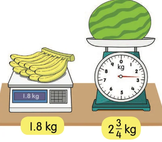 Penimbang digital dengan pisang dan penimbang jarum dengan tembikai