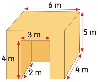 Bongkah berukuran 6 m, 5 m dan 4 m dengan bahagian tengah dikeluarkan daripada bawahnya: 3 m lebar, 4 m tinggi dan 2 m dalam