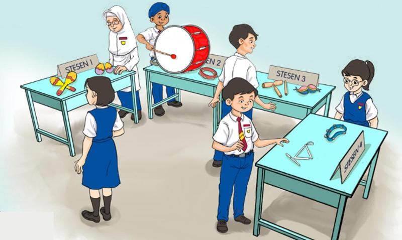 Murid di empat stesen dengan alat perkusi: dram bes, marakas, tamborin, loceng tangan dan segi tiga