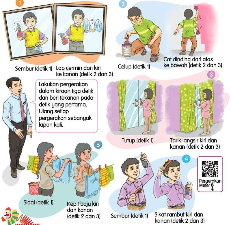 Lima pergerakan harian dalam meter 3/4 dengan detik 1 dan detik 2 dan 3