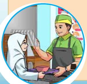 Penjual di kedai makan melayan seorang murid (buku teks ms. 171)