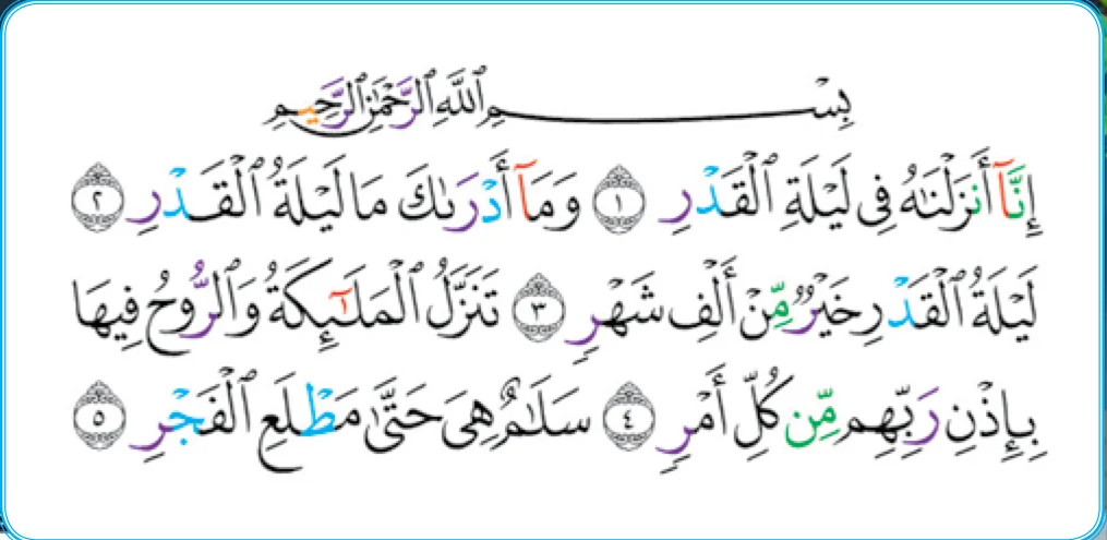 Surah al-Qadr, ayat 1 hingga 5, seperti dalam buku teks