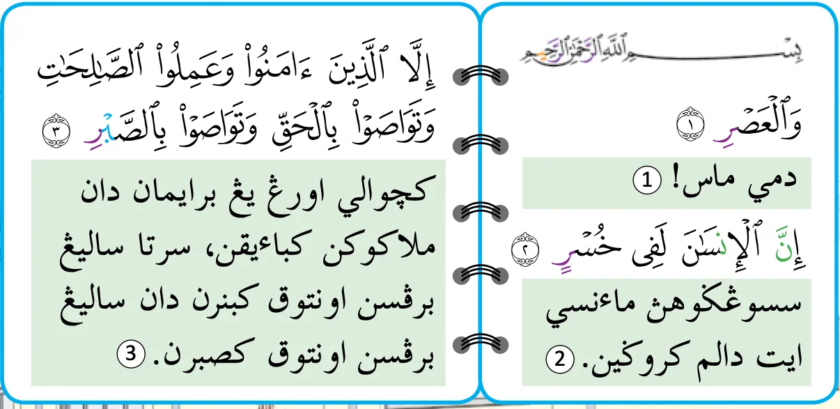 Surah al-'Asr ayat 1 hingga 3 bersama maksudnya dalam tulisan Jawi