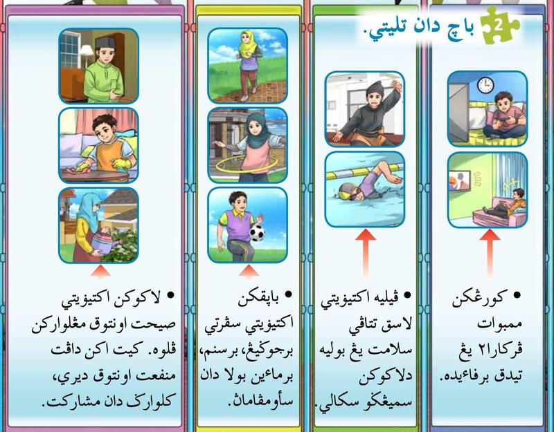 Empat panel nasihat dengan gambar murid bermain permainan, berbaring menonton televisyen, bersilat, berenang, berjoging, bersenam dan mengemas rumah