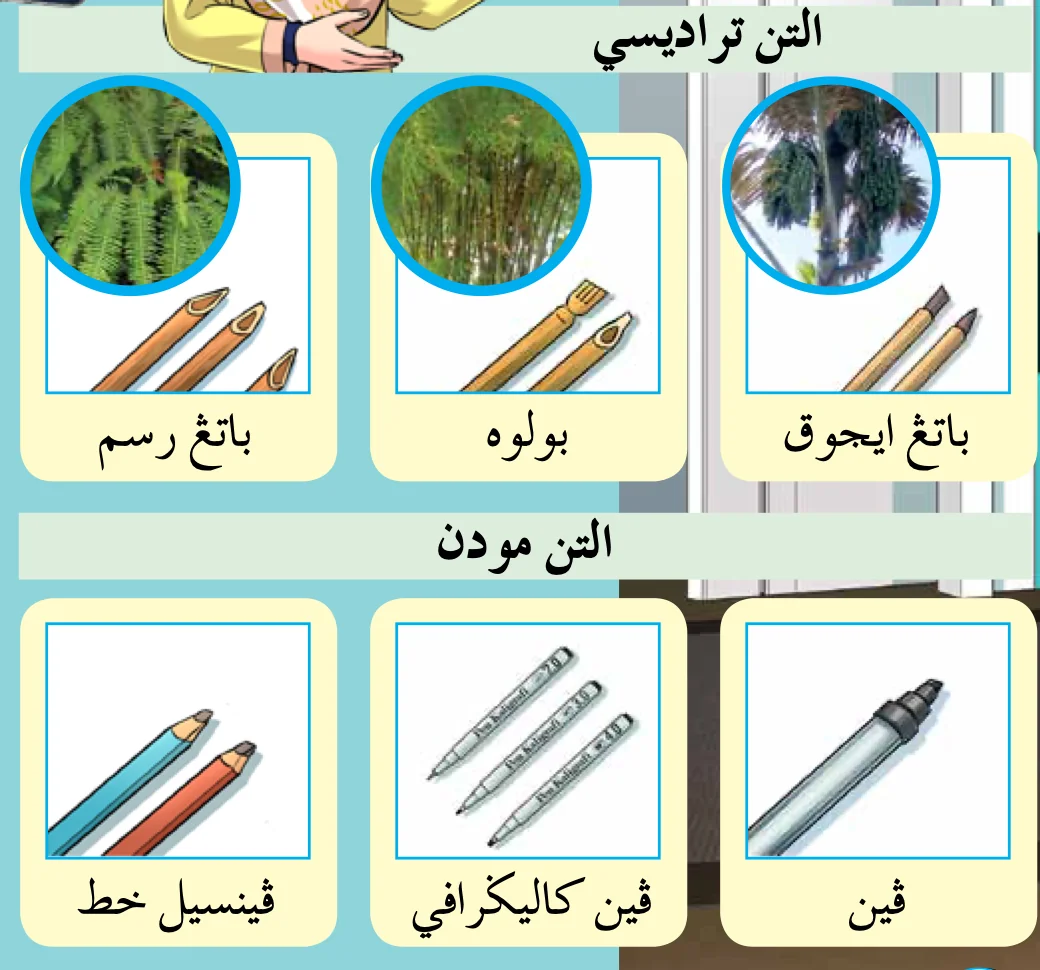 Enam alat menulis khat: batang ijuk, buluh dan batang resam (tradisional); pen, pen kaligrafi dan pensil khat (moden)