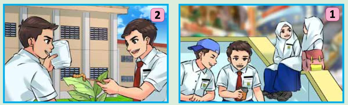Dua gambar murid di sekolah untuk dinilai tindakannya