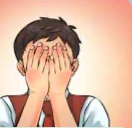 Seorang murid menutup mukanya dengan kedua-dua tapak tangan