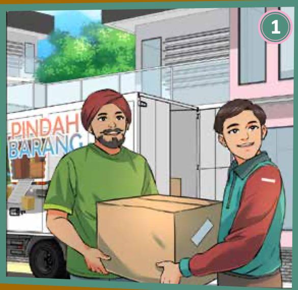 Dua lelaki mengangkat kotak pindah barang di hadapan lori
