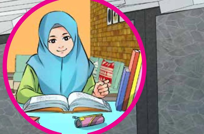 Seorang murid perempuan bertudung biru membaca buku yang terbuka di atas meja, dengan buku-buku dan bekas pensel di sisinya
