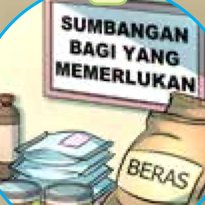 Papan tanda Sumbangan bagi yang memerlukan dengan guni beras dan barangan