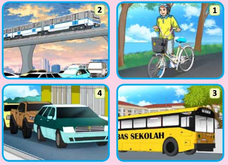 Empat gambar kenderaan: basikal, tren, bas sekolah dan kereta
