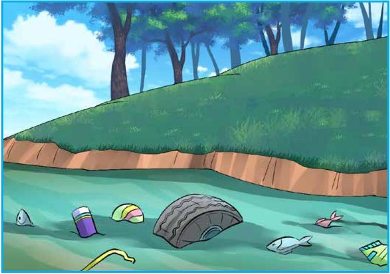 Sungai yang tercemar dengan tayar, botol, plastik dan ikan di dalam air