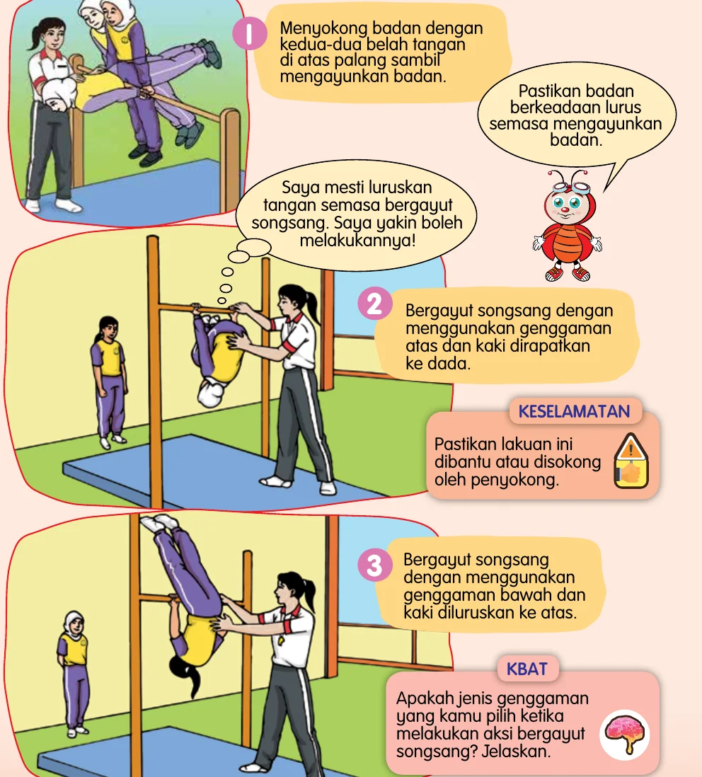 Tiga gambar murid bergayut dan berayun pada palang dengan guru sebagai penyokong