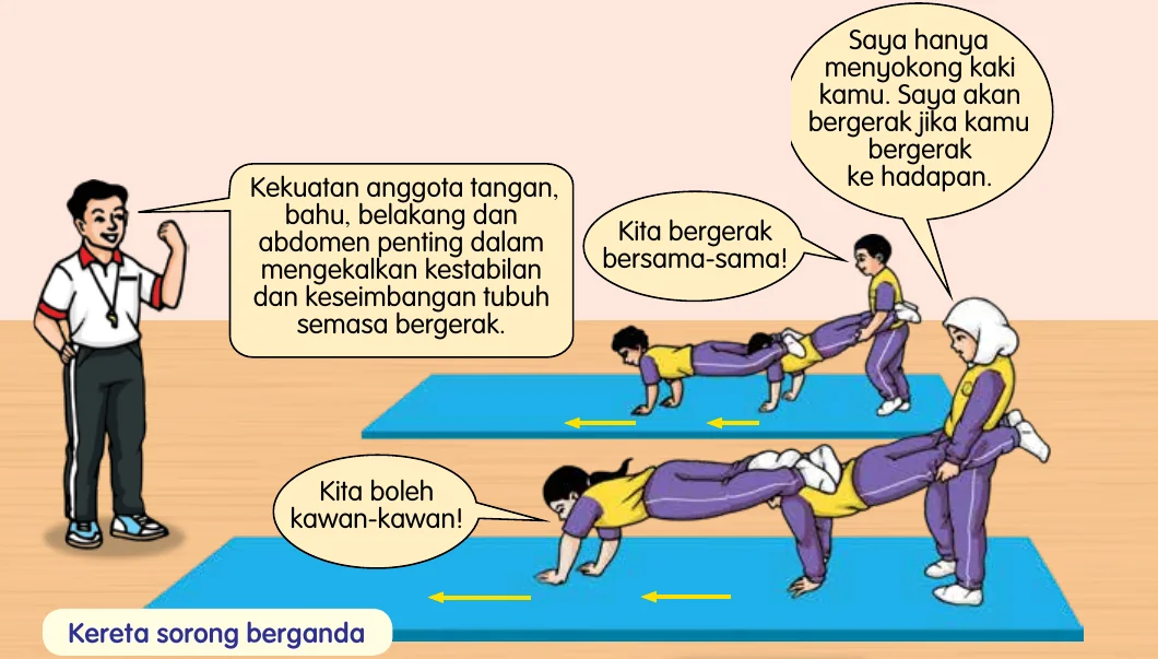 Dua kumpulan murid melakukan kereta sorong berganda di atas tilam biru; pelaku berjalan dengan tangan dan penyokong memegang kaki