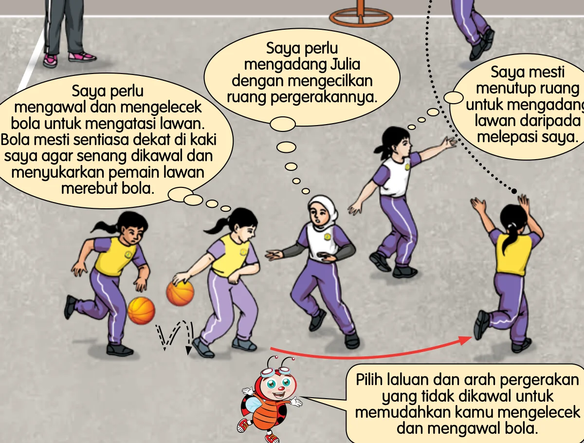 Murid mengelecek bola keranjang dan murid lain mengadang