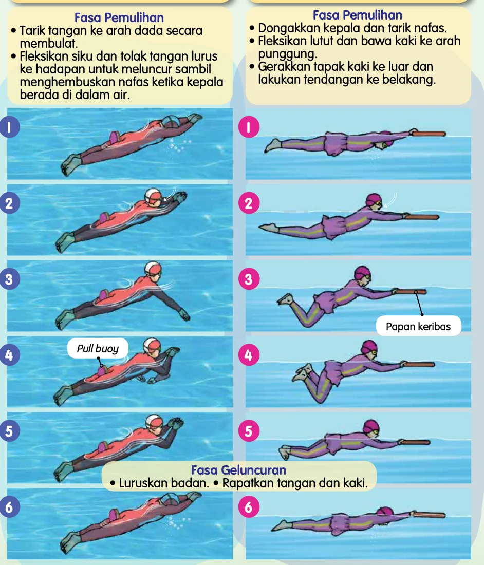 Enam gambar aksi tangan kuak dada dengan pull buoy dan enam gambar aksi kaki dengan papan keribas